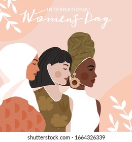 International Women's Day greeting card. Abstract woman portrait different nationalities on geometric background. Girl power, struggle for equality, feminism, sisterhood concept. Vector illustration.