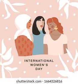 International Women's Day greeting card. Abstract woman portrait different nationalities on geometric background. Girl power, struggle for equality, feminism, sisterhood concept. Vector illustration.