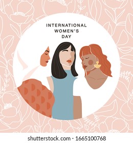 International Women's Day greeting card. Abstract different nationalities woman portrait on floral linear background. Girl power and struggle for equality, feminism sisterhood concept. Vector.