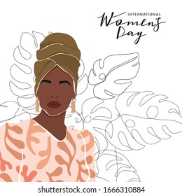 International Women's Day Greeting Card. Abstract Afro-american Woman Portrait With One Line Monstera Leaves. Women Empowerment. Vector Illustration.