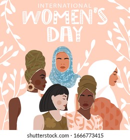 International Women's Day greeting card. Abstract woman portrait different nationalities on geometric background. Girl power, struggle for equality, feminism, sisterhood concept. Vector illustration.