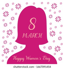 International Women's Day Greeting Card . Happy Women's Day Text With Pink Flowers . 8 March Vector / Illustration 