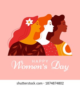 International Women's Day greeting card. Vector illustration of three smiling diverse women's portraits in trendy flat style. Isolated on pink background