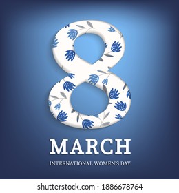 International Women's Day, greeting card. 8 March sign with the decor of spring plants, leaves and flowers. Happy Mother's Day. Trendy template design. Holiday concept for card, poster, banner.