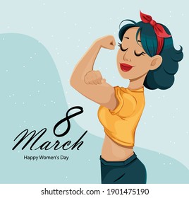 International women's day greeting card. Beautiful woman cartoon character. Stock vector illustration