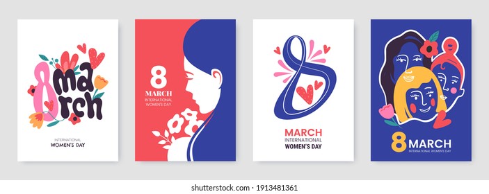 International Women's Day greeting card collection in different styles. 8 March posters design with lettering, womens, flowers and decorative elements. Ideal for print, postcard, social media, promo. - Shutterstock ID 1913481361