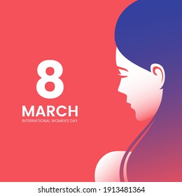 International Women's Day greeting card design with beautiful woman and place for text. Beautiful female face silhouette with long hair. Side view portrait of pretty girl. Vector illustration.