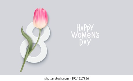 International Women's Day greeting card design template. 8 March concept. Tulip in front of number eight on gray background. Happy Women's Day text. Vector stock illustration.