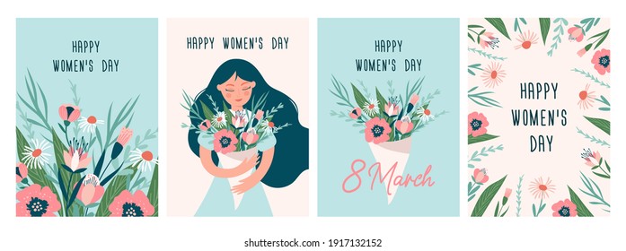 International Women's day greeting card set. 8 March. Vector illustration 