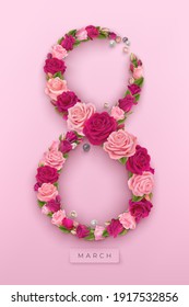 International Women's Day. Greeting card for March 8th. Roses and pearls in the shape of the number eight on a pink background. Vector illustration