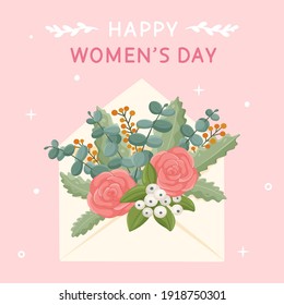 International Women's Day. Greeting card with beautiful spring flowers in the envelope. Modern design for Holidays invitation card, poster, banner, greeting card, print. Vector illustration.