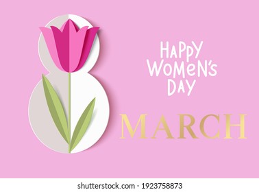 International Women's Day greeting card design template. 8 March concept. Paper pink tulip on number eight isolated on pink background. Happy Women's Day 8 March text. Vector stock illustration.