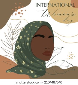 Internationale Frauentag-Grußkarte. Abstraktes Porträt afrikanischer Muslime mit nur einem Blätter. Ermächtigung der Frauen. Vektorgrafik.