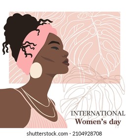 International Women's Day greeting card. Abstract African American woman portrait with line monstera leaves. Women empowerment. Vector illustration.