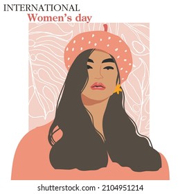International Women's Day greeting card. Abstract woman portrait from Paris with line leaves of monstera. Women empowerment. Vector illustration.