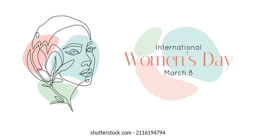 International women's day greeting card  Woman face and flower in one continuous line drawing  Abstract female portrait in simple linear style  Doodle Vector illustration for 8 march