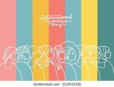 International Womens Day greeting card. Linear womens portrait collection. Women different nationalities in a row in rainbow background. Feminism concept. Girl power line art. Vector illustration.