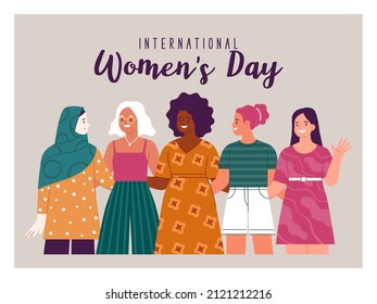 International Women's Day greeting card. Vector cartoon illustration of diverse smiling women of different nationalities, standing together embracing. Isolated on background