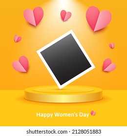 International Women's day greeting card. 8 March poster. Yellow photo studio. Gift display. Podium in spotlight for product. Place your photo in photo frame. Orange background with flying pink hearts 