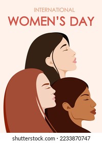 International Women's Day. Greeting card with beautiful women of different nationalities.
