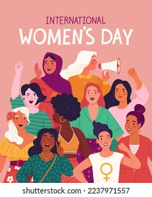 Tarjeta de saludo del Día Internacional de la Mujer. Dibujo vectorial plano de un grupo de mujeres diversas protestando por sus derechos. Aislado en el fondo. 