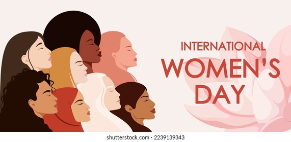 International Women's Day. A greeting card. Women of different nationalities.
