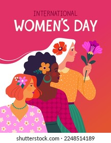 International Women's Day greeting card concept. Vector cartoon illustration in a modern flat style of three diverse women in profile with flowers. Isolated on bright magenta background