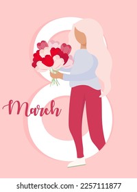 International Women's Day greeting card with realistic tulips. Vector illustration.Women with huge peonies.