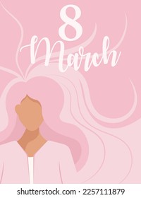International Women's Day greeting card with woman.Banner for the international women's day.Isolated vector illustration for card, banner, poster, postcard, flyer.
