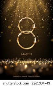 	
International Women's Day greeting card template. Vector golden number eight with text and confetti on gray background. 8 march luxury background