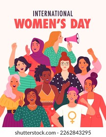 International Women's Day greeting card. Vector cartoon flat illustration of a group of diverse women protesting for their rights. Isolated on the background. 