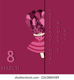 International women's day greeting card with woman with bouquet of flowers in envelope on viva magenta background with inscription. Holiday postcard with lady in skirt. 