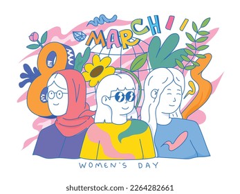 International Womens Day greeting card. 8 March posters design with lettering, womens, flowers and decorative elements