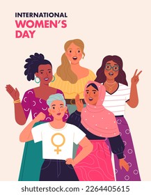 International women's Day greeting card concept. Vector cartoon illustration in trendy flat style with five diverse multiracial women standing together and smiling. Isolated on light background