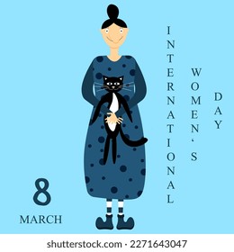 International women's day greeting card with adorable girl in dress with black cat.