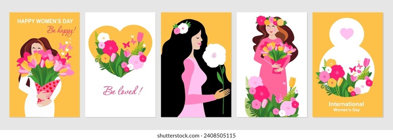 International Women's Day greeting card collection in different styles. 8 March posters design with lettering, womens, flowers and decorative elements. Ideal for print, postcard, social media, promo.