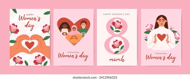 International Womens Day greeting card collection. 8 March posters design with women and flowers. Ideal for .