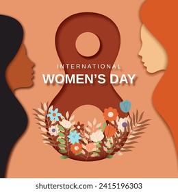 International Women's Day greeting card. 8 March. Women's silhouettes with flowers in paper style. Vector illustration.