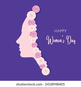 International Women's Day greeting card, vector illustration. Silhouette of woman on purple background with flowers