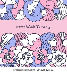 International Women's Day greeting card with abstract different female profile portraits in linear doodle style. Women empowerment concept. Vector hand drawn illustration with lettering greeting text.