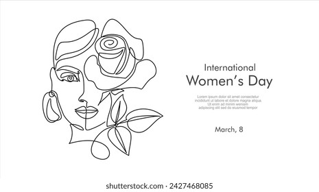 International Women's Day greeting card. Illustration with one line woman face, rose flower and leaves. Women empowerment. Vector illustration.