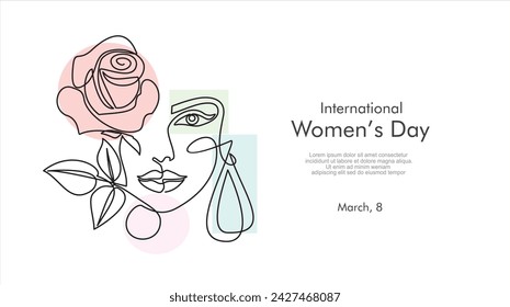 International Women's Day greeting card. Illustration with one line woman face, rose flower and leaves. Women empowerment. Vector illustration.