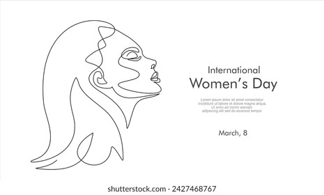 Tarjeta de felicitación del Día Internacional de la Mujer. Cara de mujer en un dibujo de línea continua. Retrato femenino abstracto en estilo lineal simple. Ilustración vectorial para 8 marzo