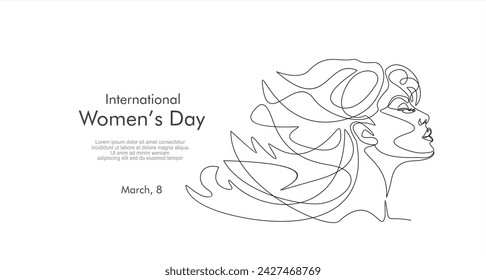 Tarjeta de felicitación del Día Internacional de la Mujer. Cara de mujer en un dibujo de línea continua. Retrato femenino abstracto en estilo lineal simple. Ilustración vectorial para 8 marzo