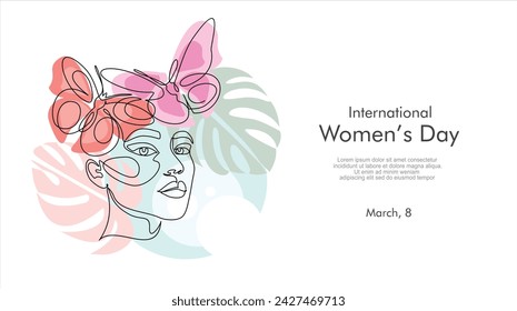 International women's day greeting card. Woman face with butterfly in one continuous line drawing. Abstract female portrait in simple linear style. Doodle Vector illustration for 8 march