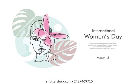 International women's day greeting card. Woman face with butterfly in one continuous line drawing. Abstract female portrait in simple linear style. Doodle Vector illustration for 8 march