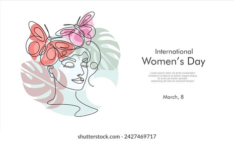 Tarjeta de felicitación del Día Internacional de la Mujer. Cara de mujer con mariposa en un dibujo de línea continua. Retrato femenino abstracto en estilo lineal simple. Doodle ilustración vectorial para 8 marzo