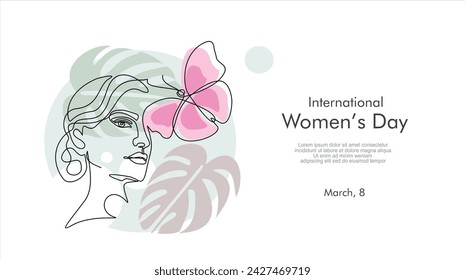 International women's day greeting card. Woman face with butterfly in one continuous line drawing. Abstract female portrait in simple linear style. Doodle Vector illustration for 8 march