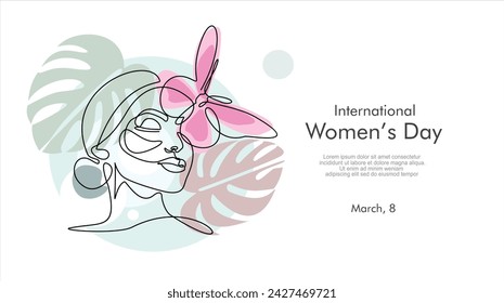 Tarjeta de felicitación del Día Internacional de la Mujer. Cara de mujer con mariposa en un dibujo de línea continua. Retrato femenino abstracto en estilo lineal simple. Doodle ilustración vectorial para 8 marzo