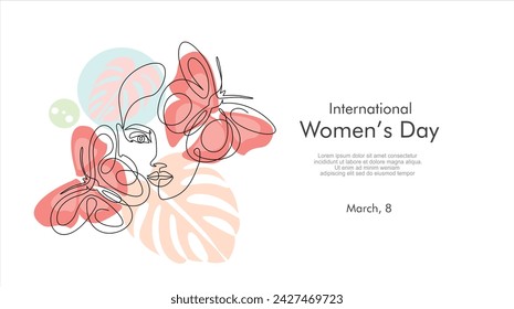 International women's day greeting card. Woman face with butterfly in one continuous line drawing. Abstract female portrait in simple linear style. Doodle Vector illustration for 8 march